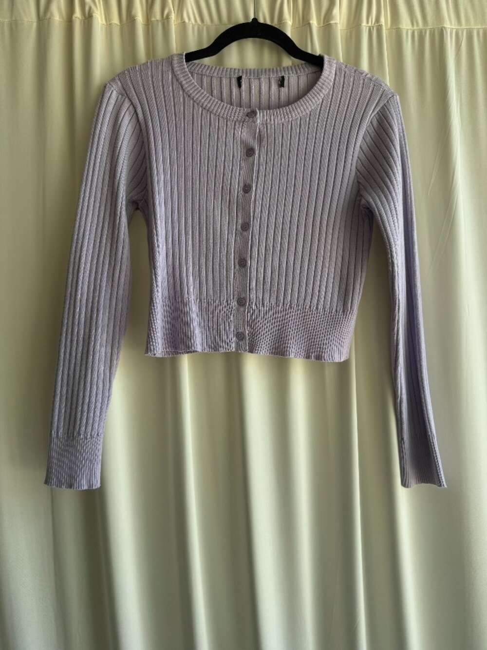 Lavender Ribbed Button Front Cropped Cardigan Sweater Long Sleeve Size S